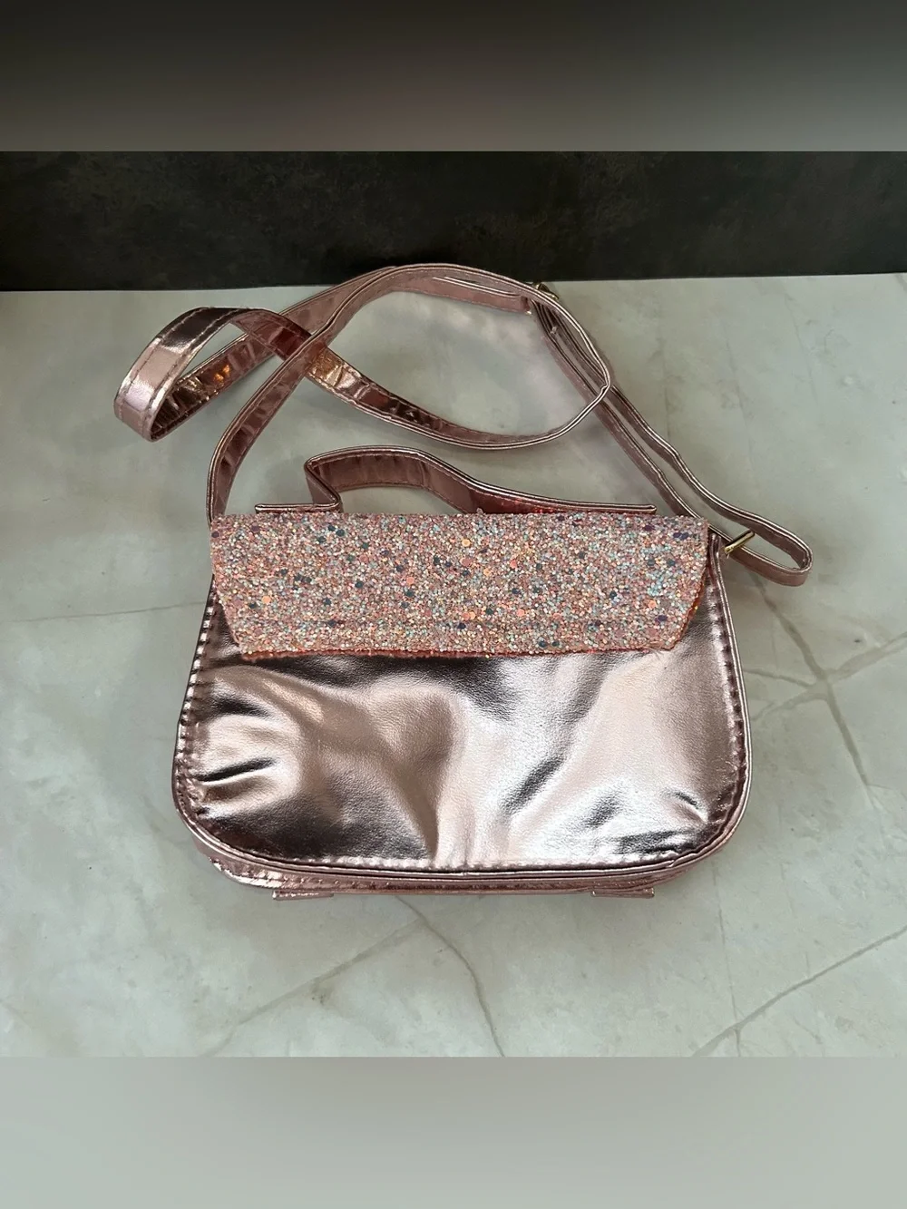 Rose Gold Glitter Heart Buckle Crossbody Bag